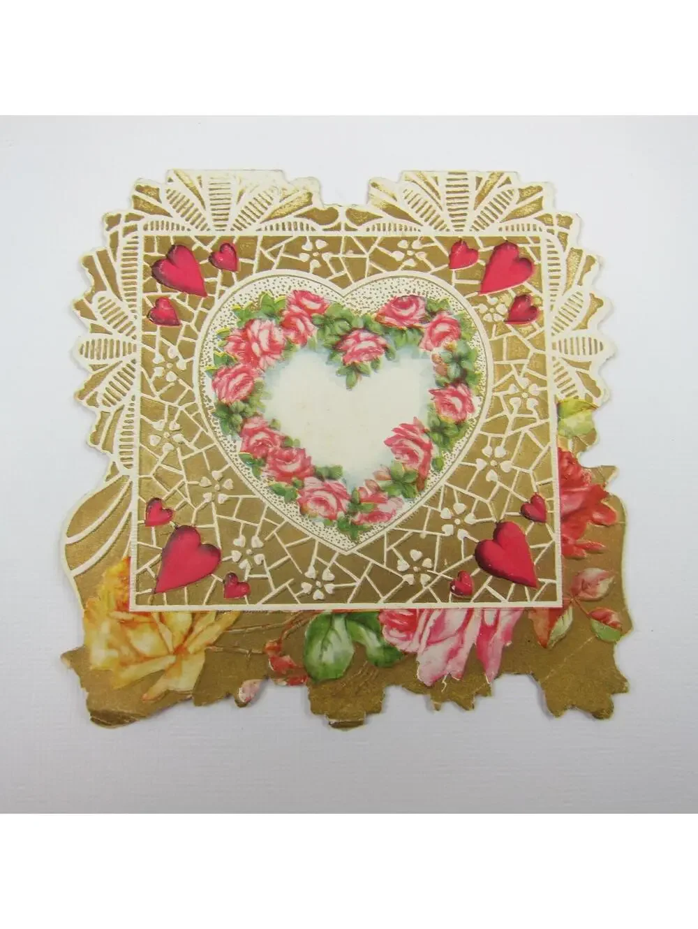 Vintage Valentine Card Gold Die cut Bifold Pink & Yellow Roses Red Hearts Bells